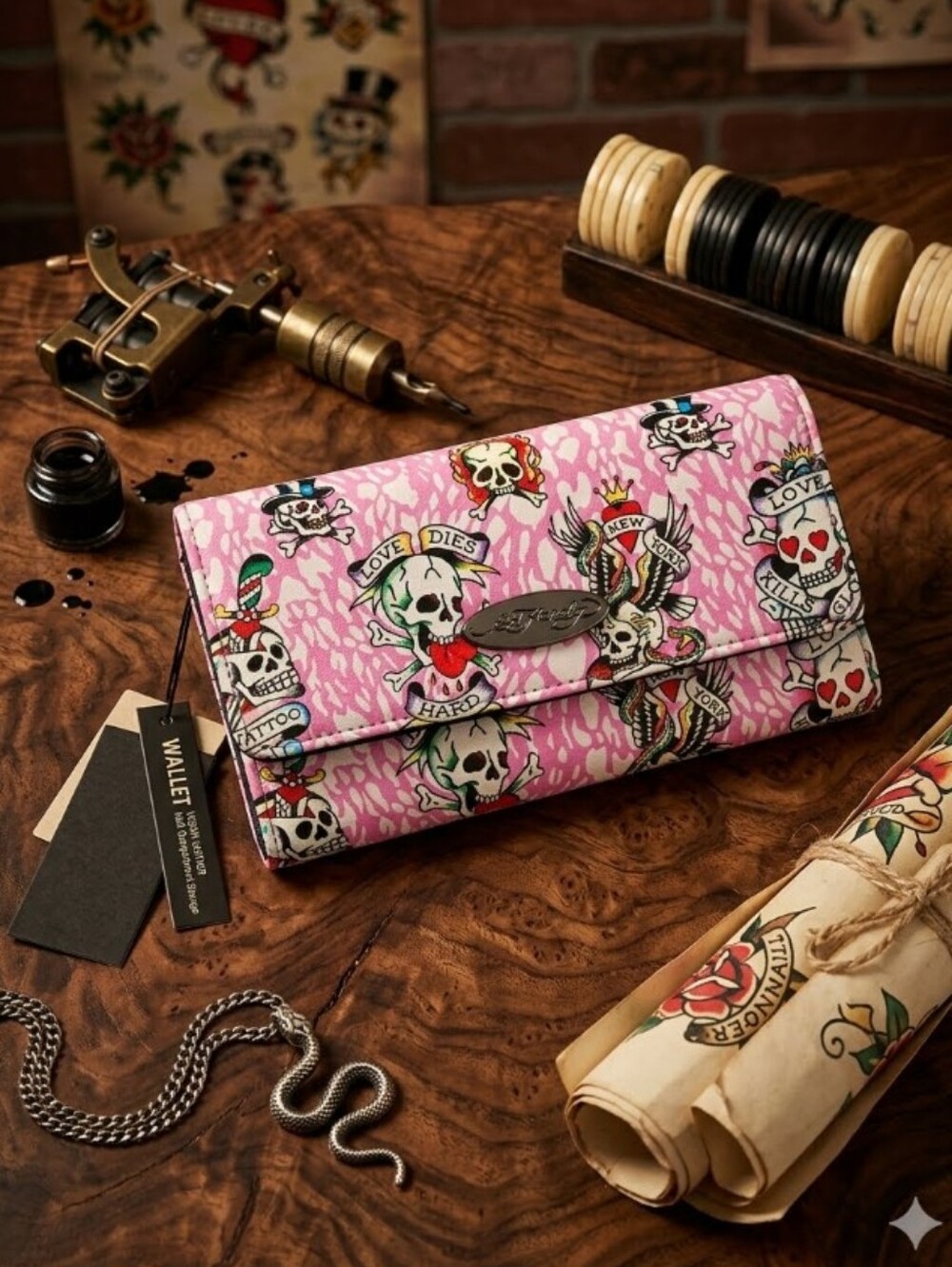 Ed Hardy Pink Skull Tattoo-Print Trifold Wallet NWT